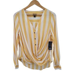 A.N.A Womens Gold Stripe Button-Down Drape Front Blouse Small Rayon Fabric Long